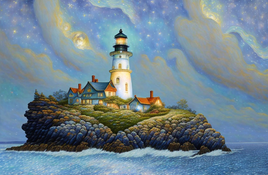 Lighthouse painting on islet under starry sky with moon