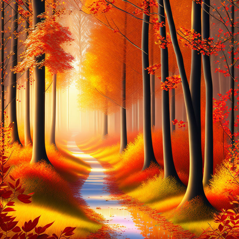 Scenic Autumn Forest with Red and Orange Trees by Stream