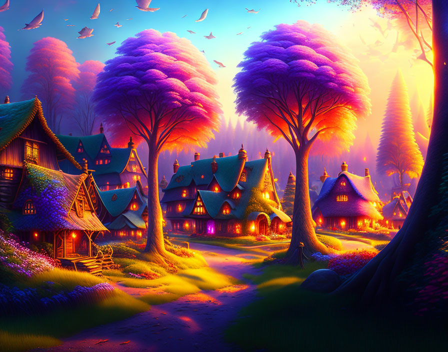 Thatched-Roof Cottages in Twilight Forest Village