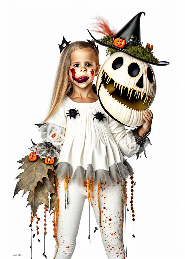 Girl in Halloween costume with skull face paint holding Jack Skellington balloon and witch hat.