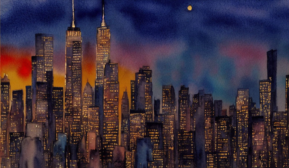 City skyline watercolor painting: illuminated buildings, twilight sky with orange and blue hues, crescent moon