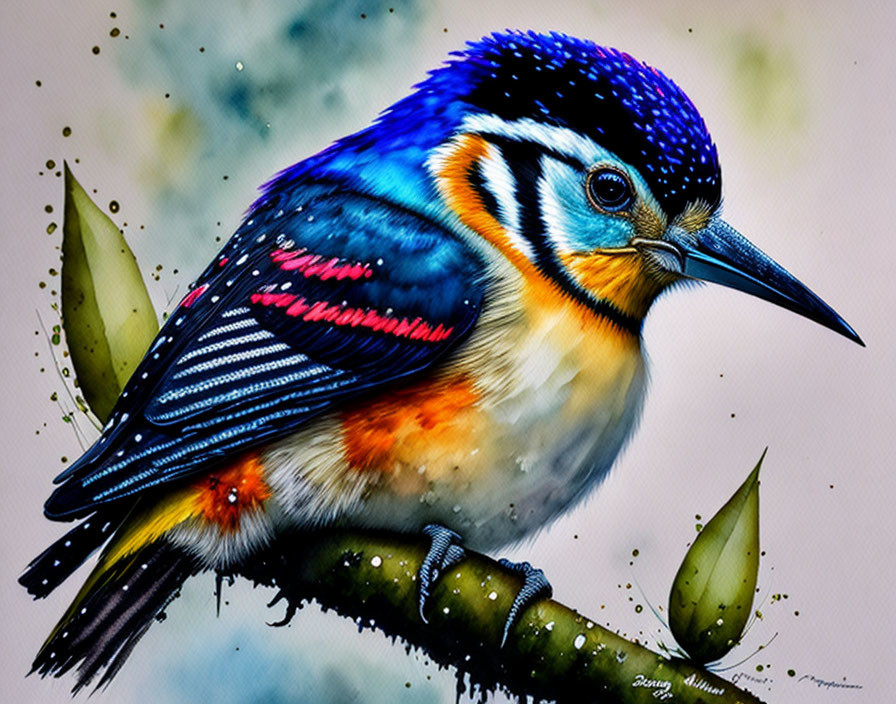 Colorful kingfisher perched on branch with water droplets