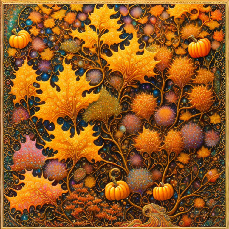 Detailed autumn-themed artwork with leaves, pumpkins, and intricate motifs in warm colors