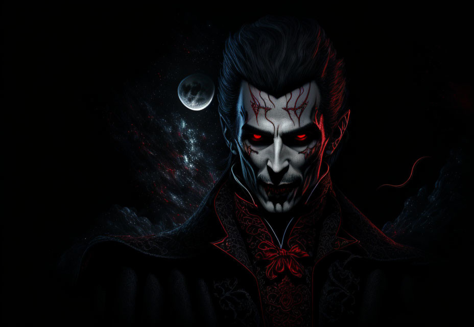 Sinister vampire with red eyes and sharp fangs in moonlit scene