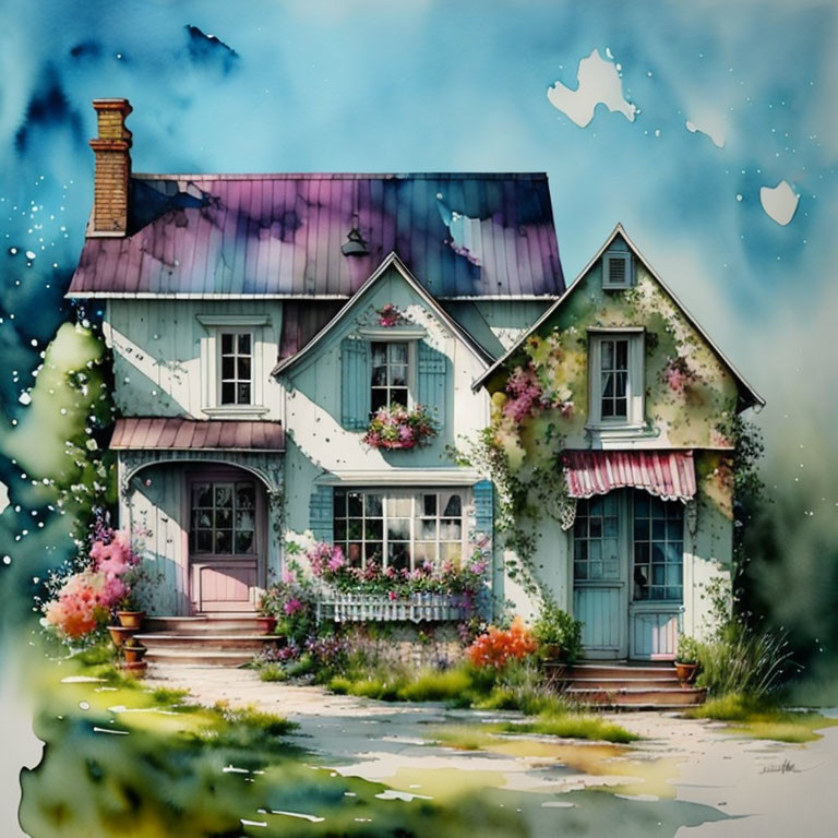 Charming watercolor painting of ivy-covered cottage with purple roof