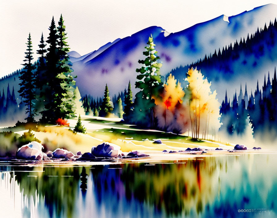 Tranquil lakeside scene with evergreens, autumn trees, mountains, and reflections