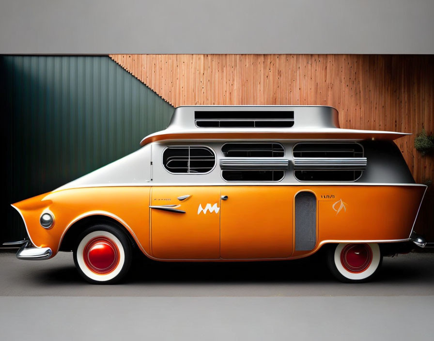 Retro orange and white camper van in front of wooden wall