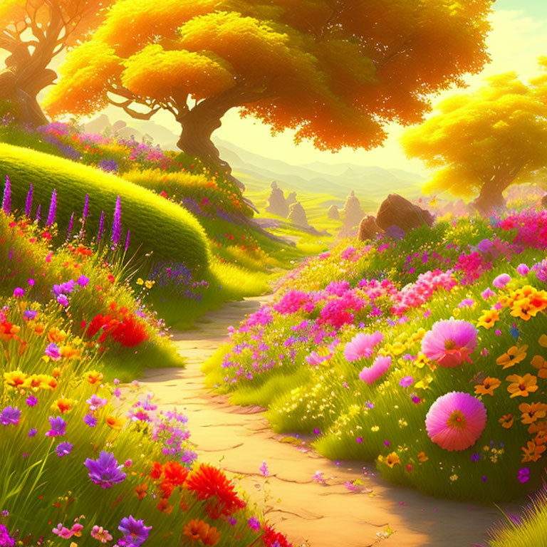 Colorful flowers and stone pathway in serene fairytale landscape