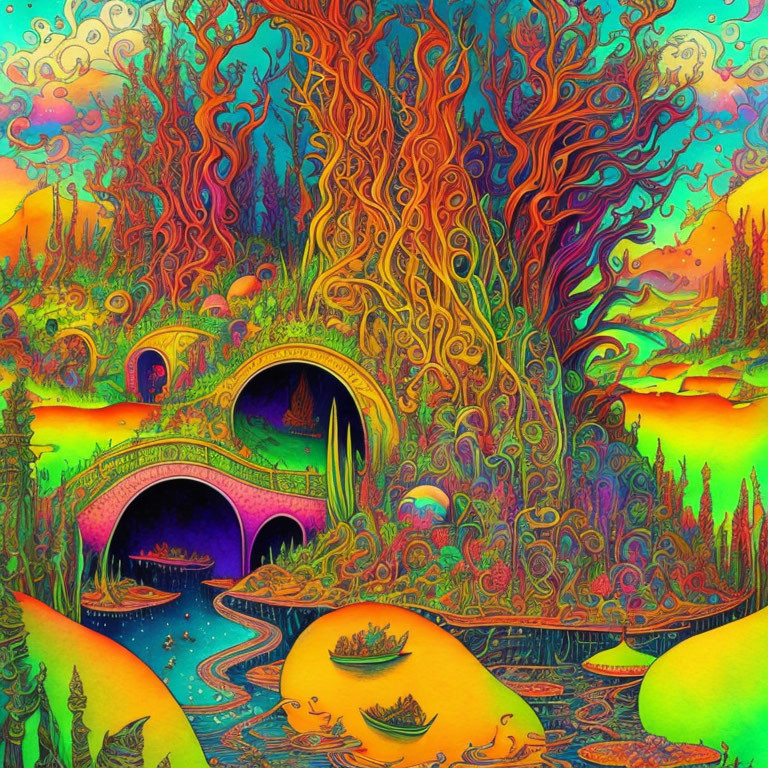 Colorful psychedelic landscape with intricate tree and bridges