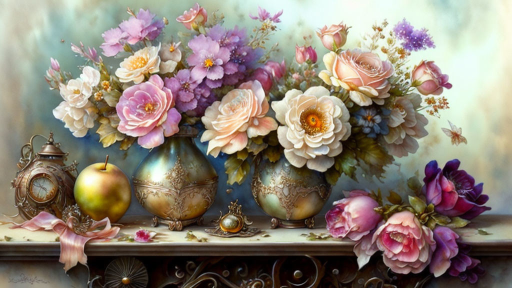 Floral bouquet with roses and peonies in ornate vases on vintage-themed table