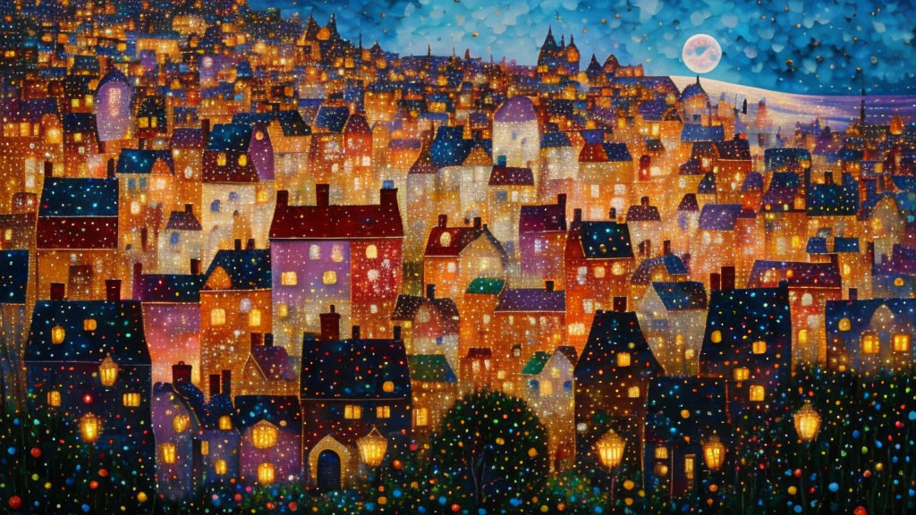 Vibrant painting of densely packed town at night