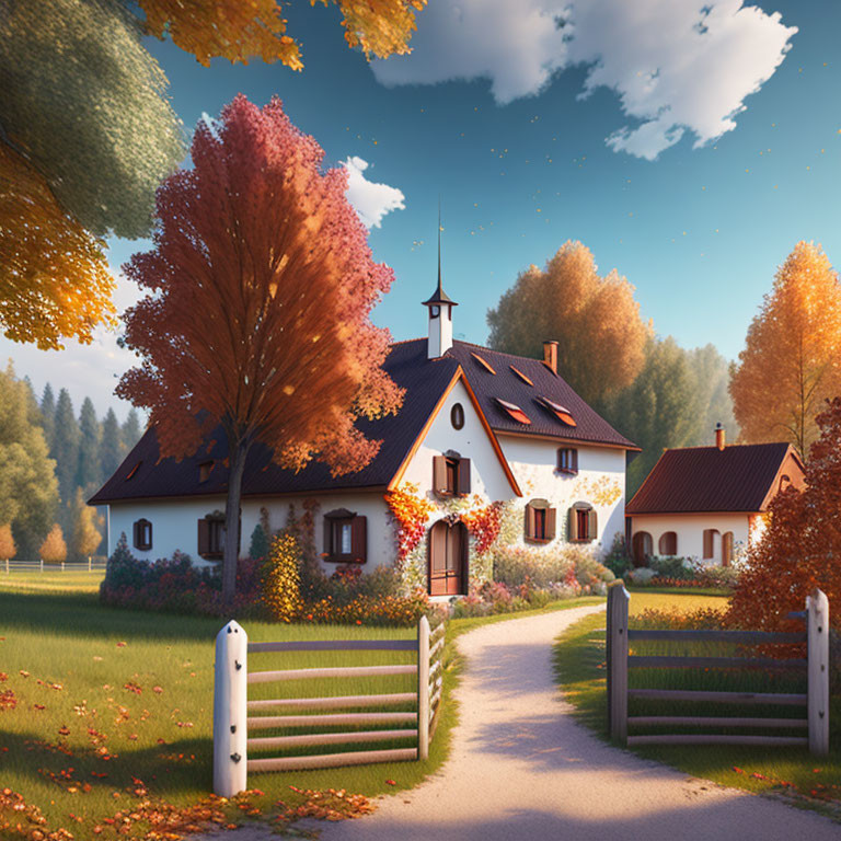 Charming country house with picket fence in autumn setting