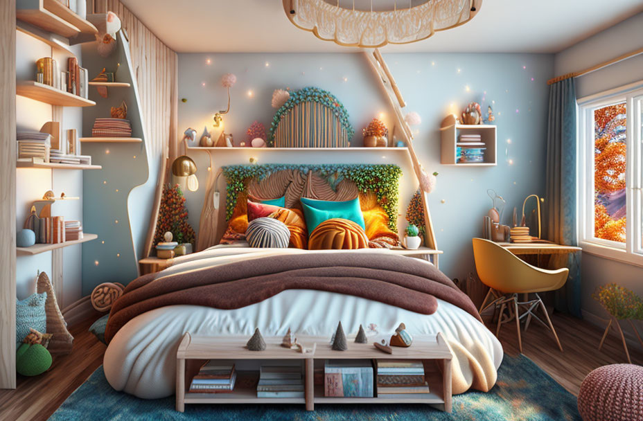 Nature-themed cozy bedroom with earth-toned bedding, plants, wooden shelves, and whimsical lighting.