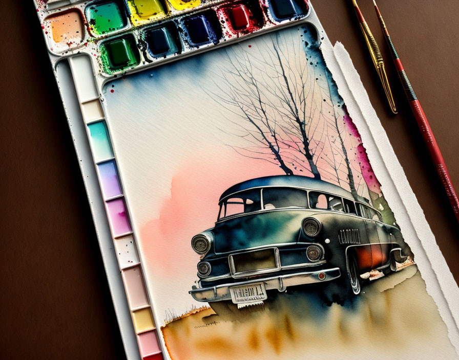 Vintage car and leafless trees watercolor painting with palette and brushes on brown surface