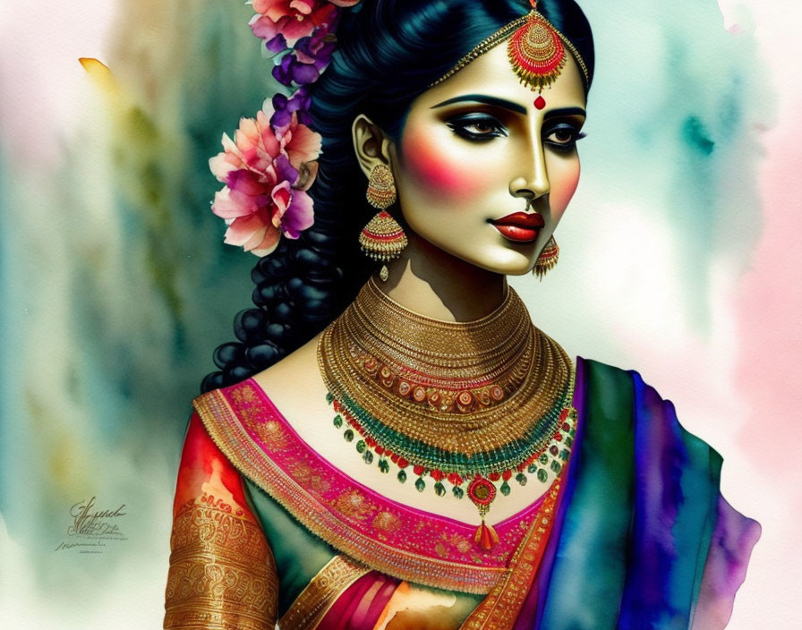 Traditional Indian Attire and Jewelry Illustration with Henna Designs