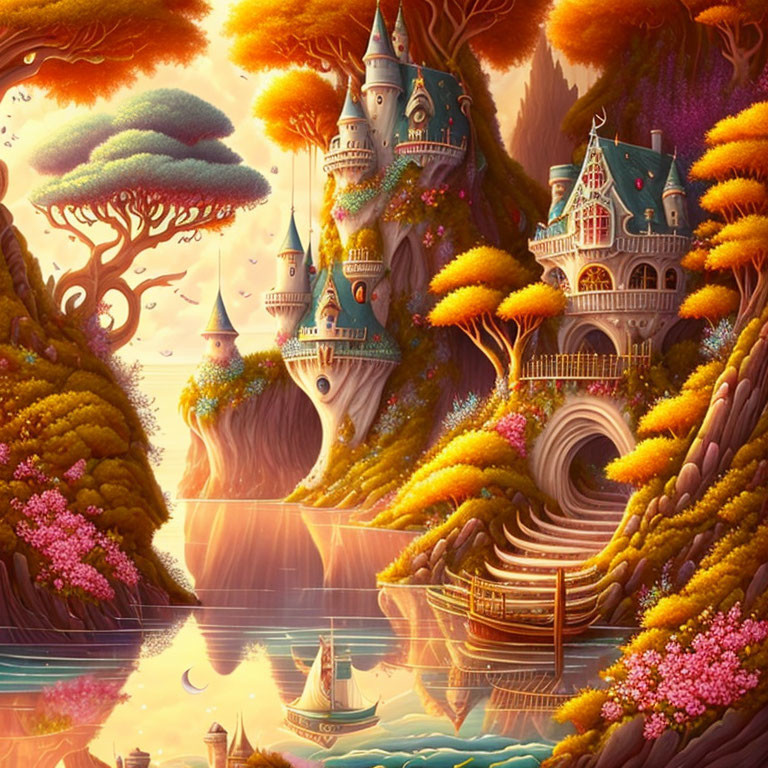 Enchanting castle in vibrant fantasy landscape near reflective lake