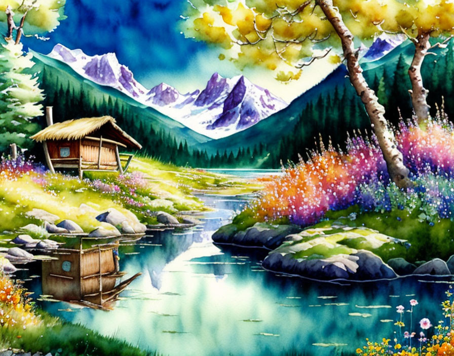 Tranquil mountain stream painting with wooden hut and lush flora