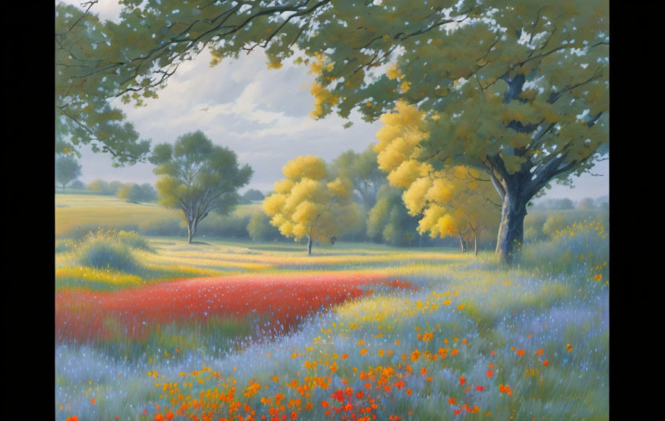 Vibrant meadow with red and blue wildflowers and golden trees