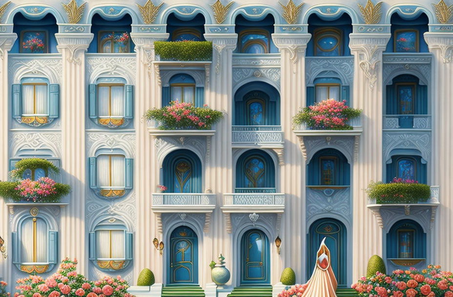 Blue and White Building Facade with Pink Flowers and Woman in Long Dress