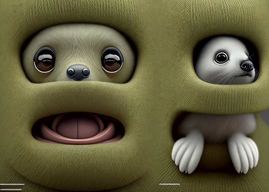 Animated creatures peek through holes in green surface: sloth-like with big eyes and small seal.