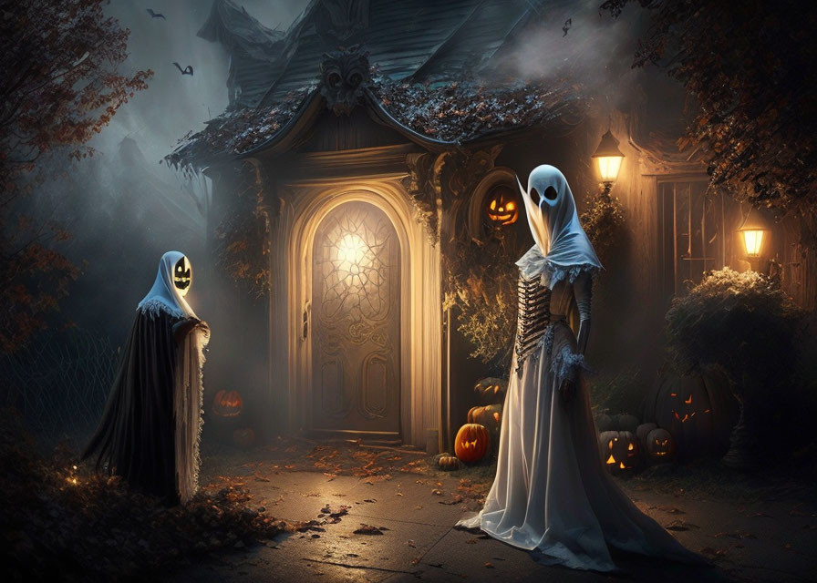 Ghostly figures in masks at spooky house with pumpkins and autumn leaves