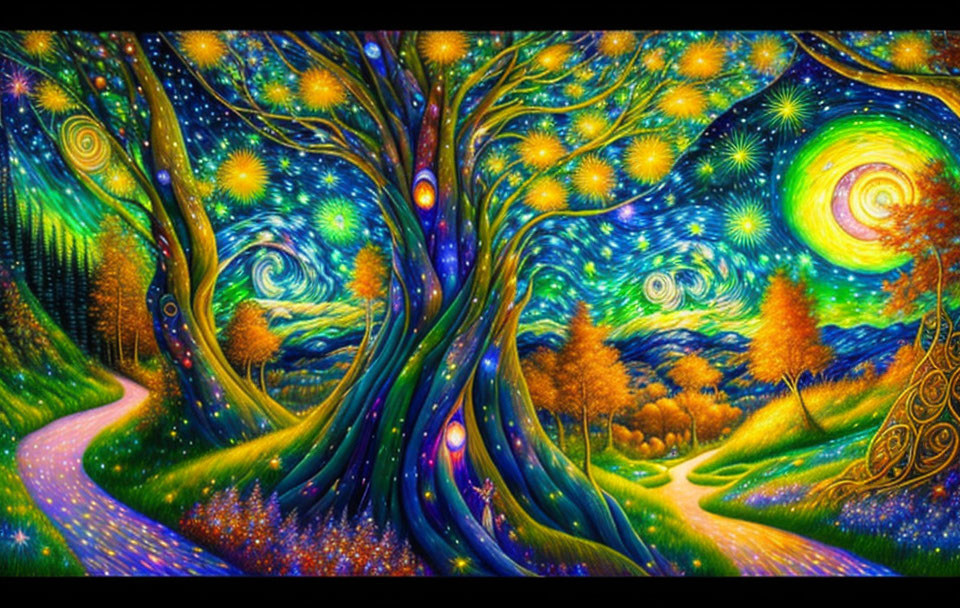 Colorful psychedelic tree painting under starry sky in enchanted landscape