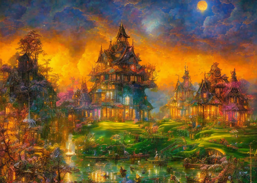 Ethereal fantasy landscape with illuminated towers and lush vegetation under twilight sky