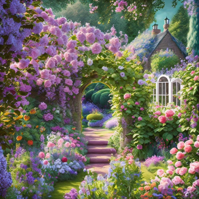 Lush garden path to quaint cottage amid verdant trees