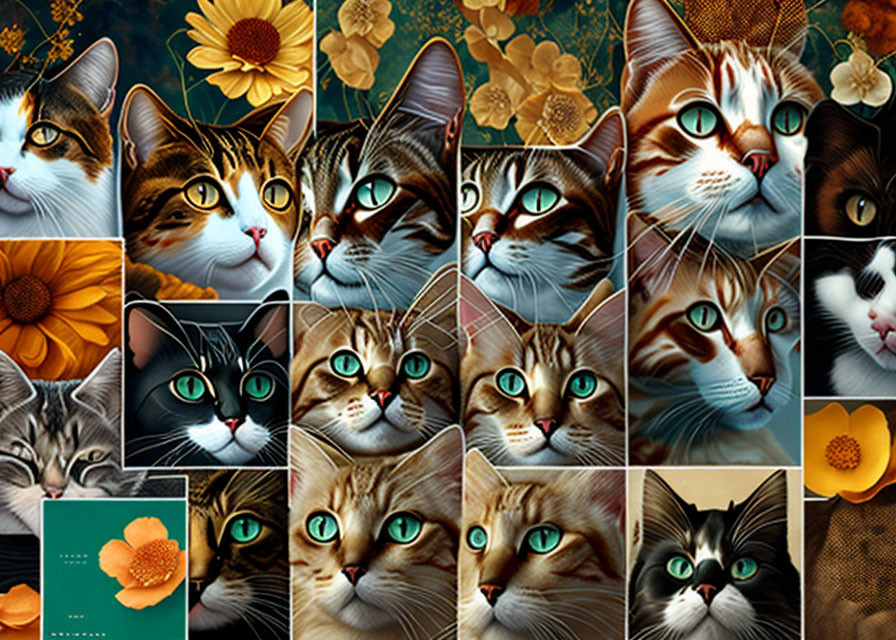 Illustrated Cats Collage with Vibrant Details and Floral Elements