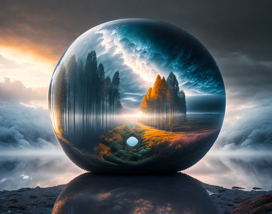 Transparent Sphere Reflecting Surreal Environments: Forests, Starry Sky, Sunset