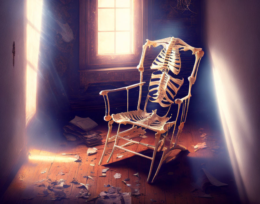 Skeleton draped over chair in abandoned room with sunlight, creating haunting scene