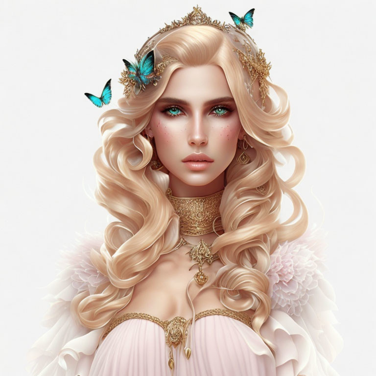 Blonde woman with tiara, blue butterflies, pink dress, gold jewelry, and freckles