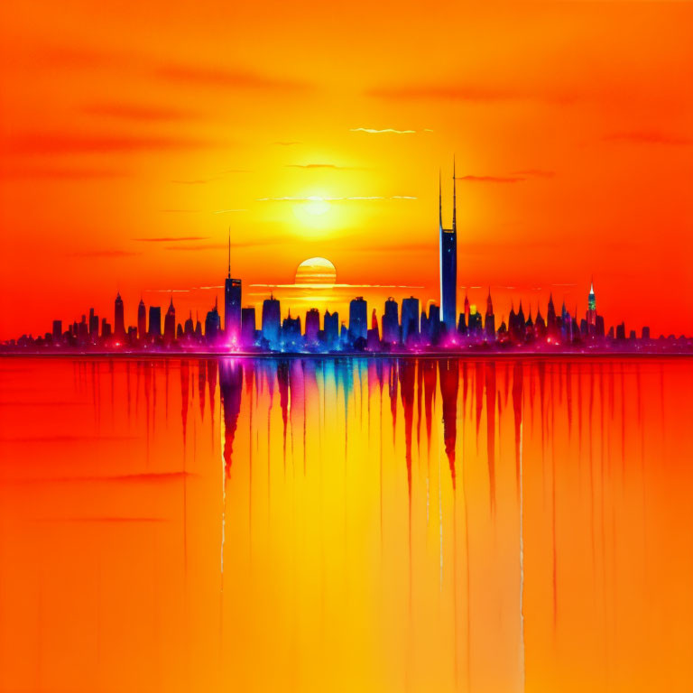 City skyline at sunset with skyscrapers and sun's reflection on water