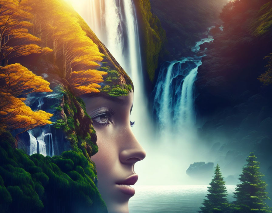 Surreal image: woman's profile merges with vivid landscape