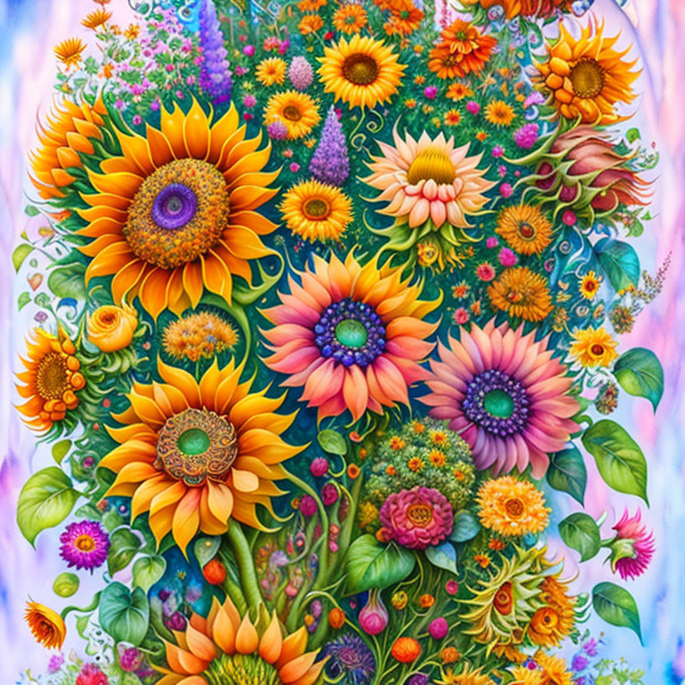 Assorted flowers painting on pastel gradient background