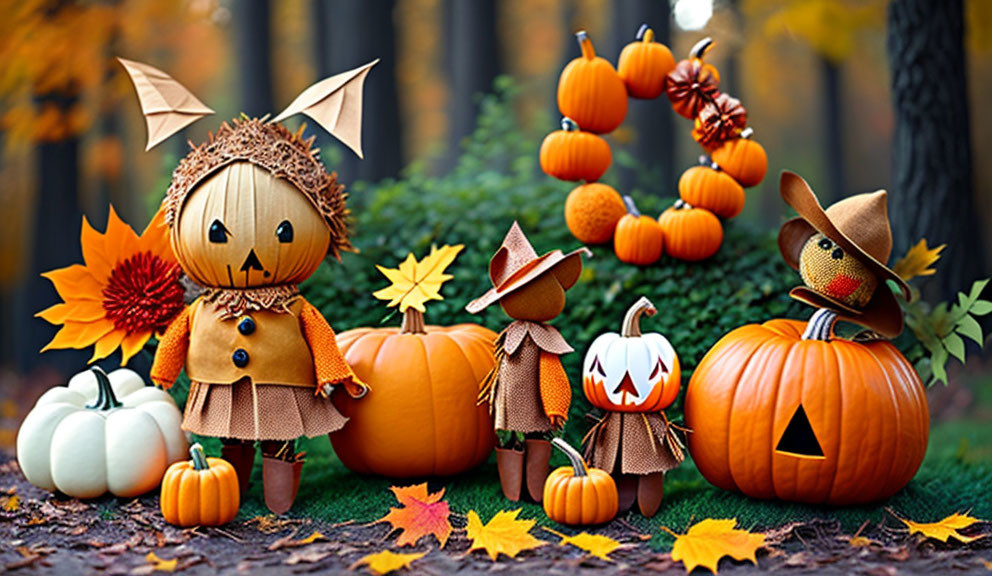 Autumn-themed display featuring scarecrow figures, pumpkins, and colorful leaves