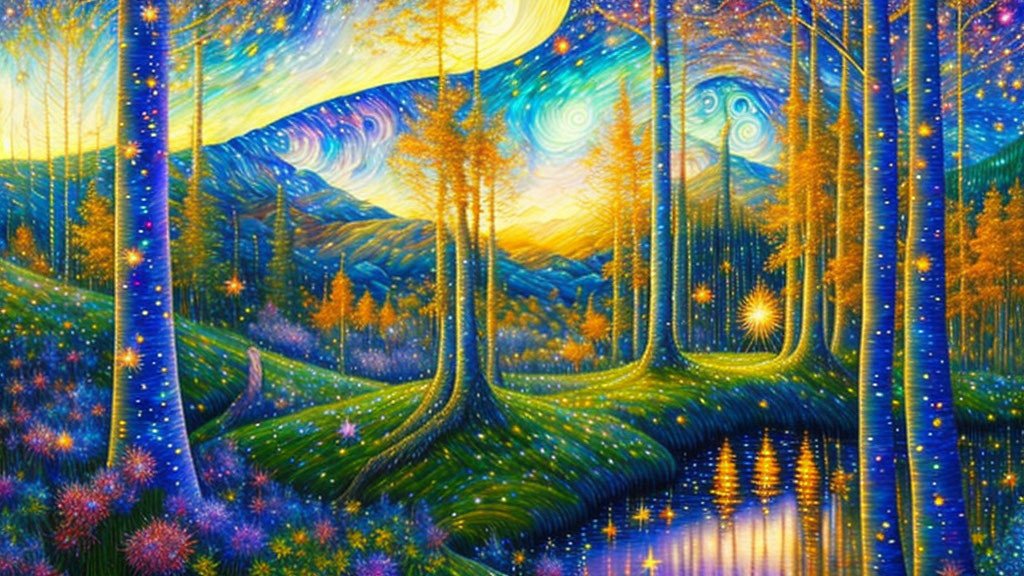 Colorful forest painting with swirling skies and glowing stars in blues and yellows