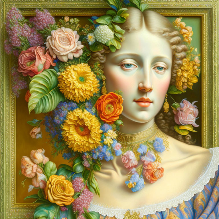 Hyper-realistic painting of woman with floral headdress & vibrant roses.