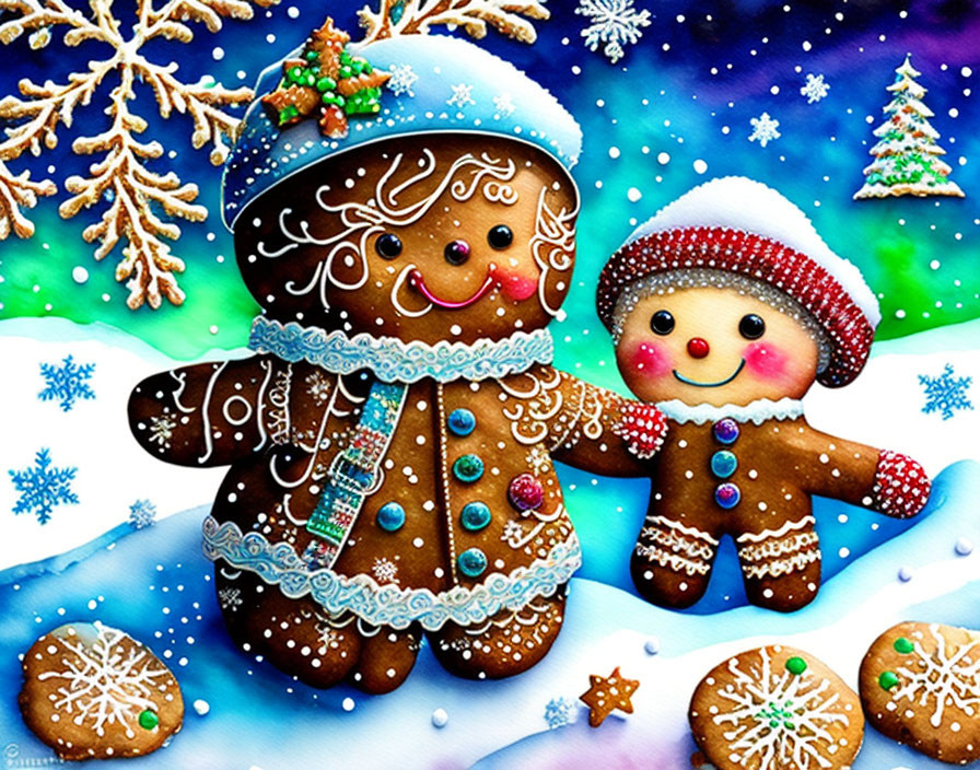 Gingerbread People in Snowy Landscape with Trees & Cookies