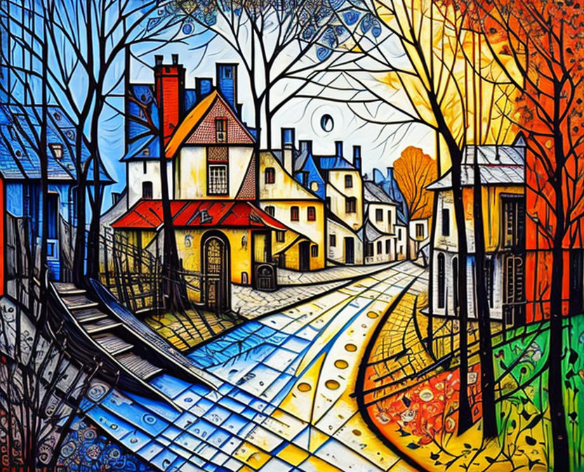 Colorful painting of whimsical town scene under bright moon