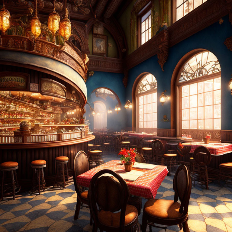 Vintage Café Interior with Blue Walls, Ornate Bar, Red Checkered Tablecloths, and Golden