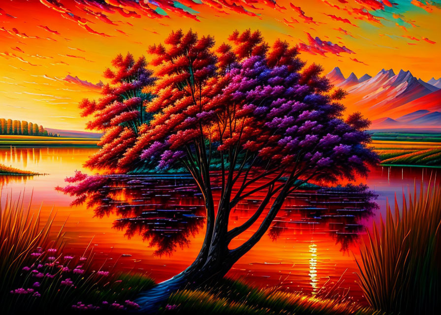 Colorful tree painting by lake with red-orange sky & mountains