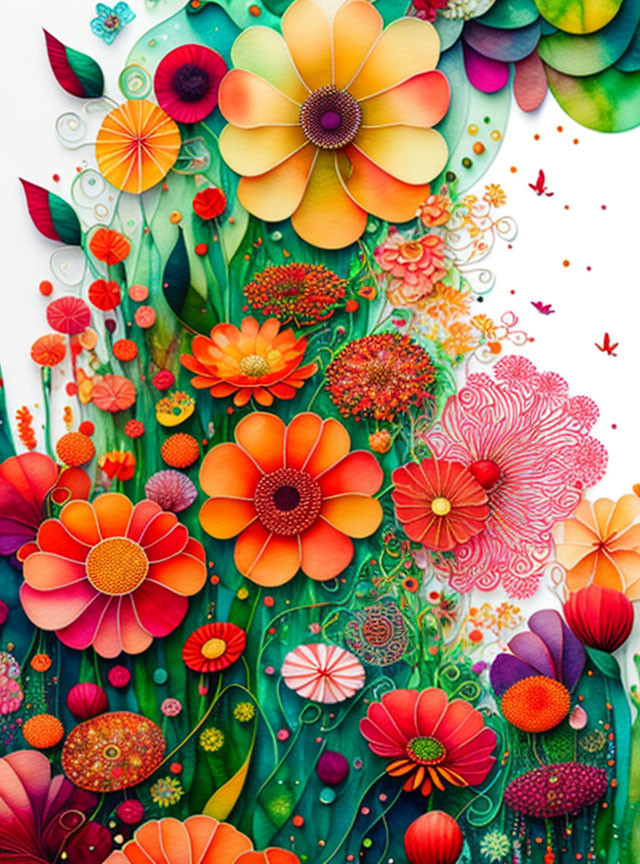 Colorful Paper Art Composition with Flowers, Foliage, and Butterflies