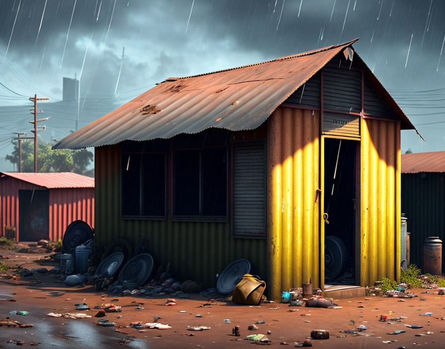 Yellow-walled corrugated metal shack in rainy setting with debris.