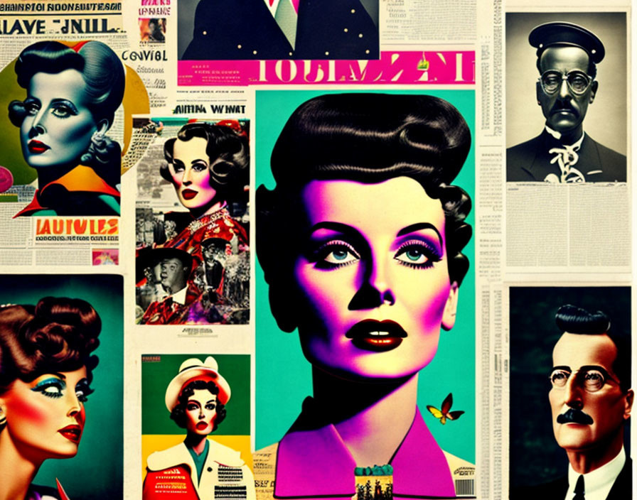 Vintage Magazine Covers Collage: Mid-20th-Century Fashion & Pop Culture Illustrations