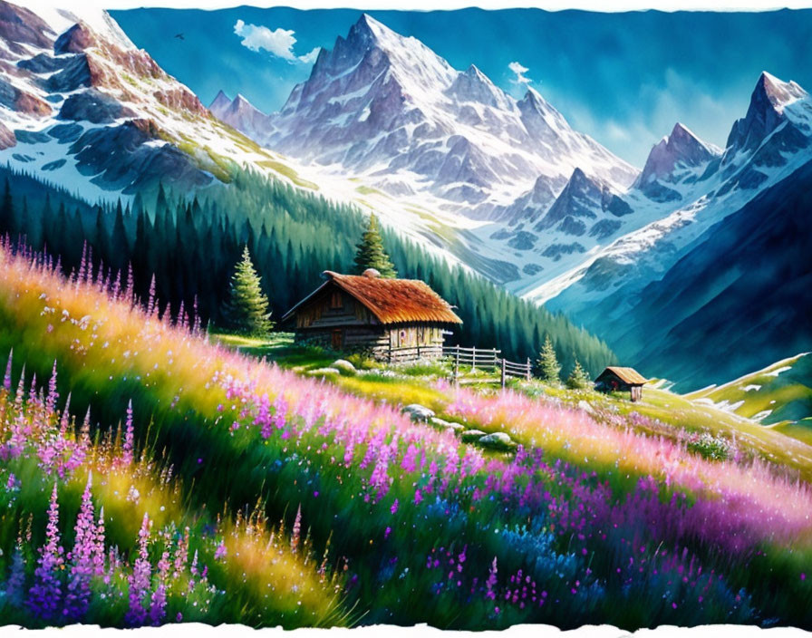 Alpine landscape with wooden cabin, wildflower meadows, snow-capped mountains