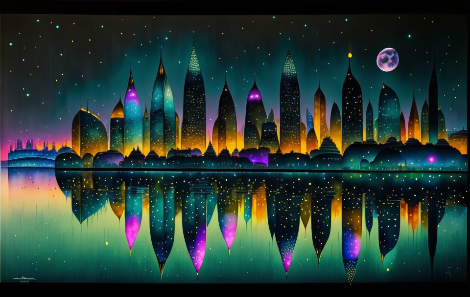 Colorful Cityscape with Pointed Towers Reflected in Water at Night