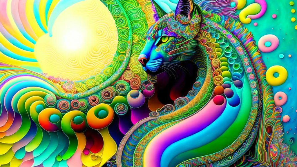 Colorful Psychedelic Cat Artwork with Surreal Background