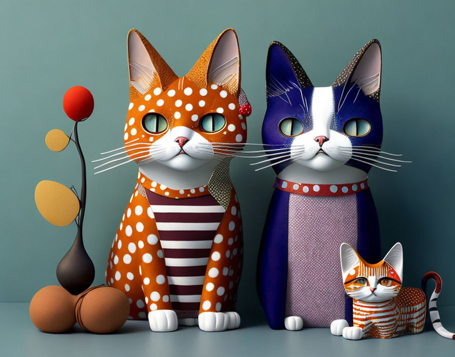 Colorful Stylized Cat Figurines on Blue Background