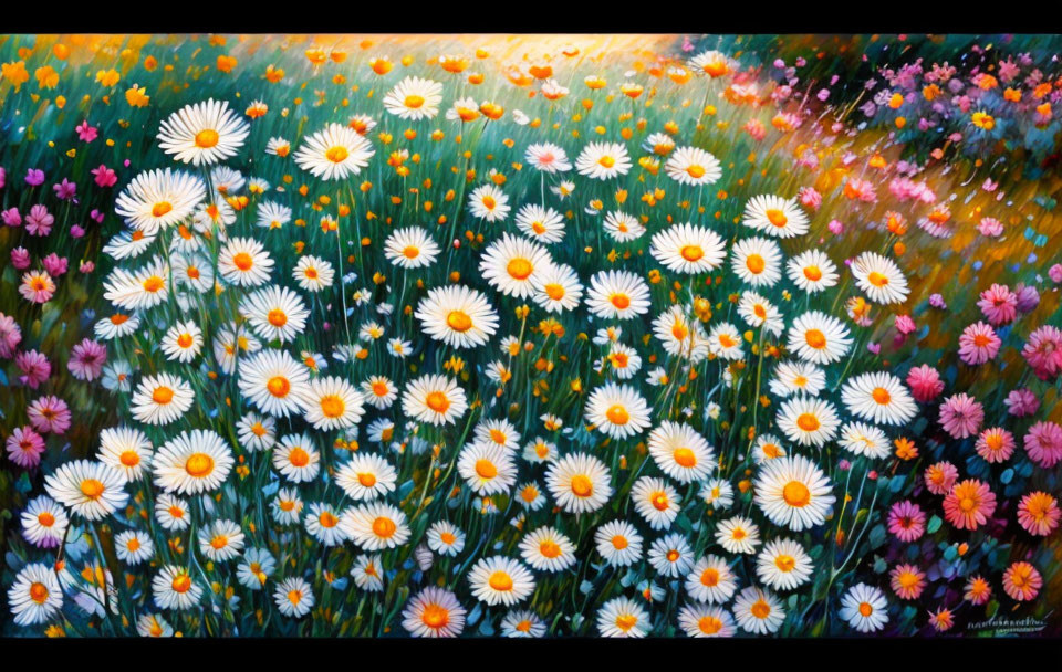 Colorful Floral Field Painting with White, Yellow, Pink, and Orange Flowers